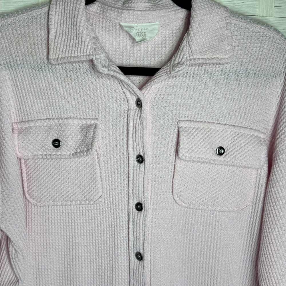 Hippie Rose Pink Waffle Knit Button Down Shirt Double Front Pockets Size Small - Picture 3 of 9